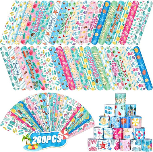 200 Pcs Summer Slap Bracelets Bulk Hawaiian Theme Slap Bracelets Beach Ocean Theme Snap Wristband Tropical Luau Party Favors for Birthday Classroom Prizes Exchanging Gifts