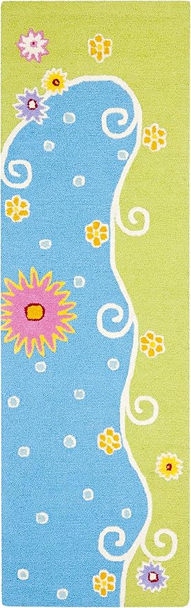 SAFAVIEH Kids Collection Runner Rug - 2'3" x 7', Blue & Green, Handmade Floral Wool, Ideal for High Traffic Areas in Living Room, Bedroom (SFK383A)