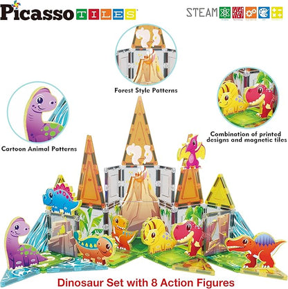 PicassoTiles Magnet Tiles Building Blocks Dinosaur Theme Set with 8 Magnetized Action Figures Magnetic Construction Build and Play Toys with Magnets STEM Learning Activities for Toddlers 3+ PTQ13