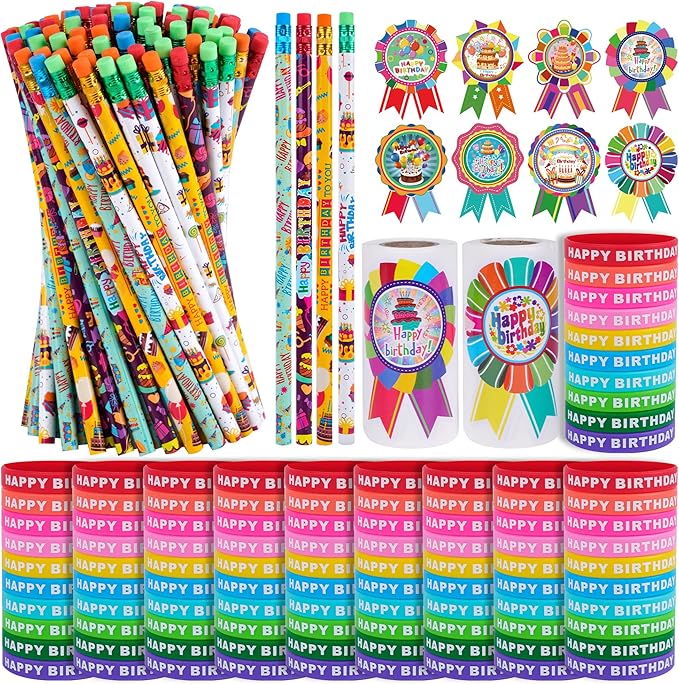 Kolewo4ever 400 Pieces Happy Birthday Gifts for Student 100 Happy Birthday Rubber Bracelets,100 Pencils,200 Happy Birthday Badge Stickers for Teachers Classrooms Reward Birthday Party Favors