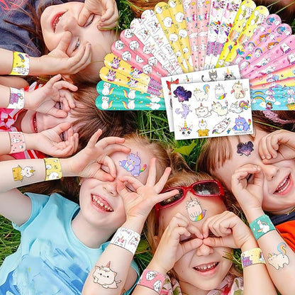 48PCS Caticorn Party Favors - 24PCS Tattoos & 24PCS Slap Bracelets - Cat Unicorn Birthday Supplies, Kitty-Themed Decorations, Classroom Prizes, Gifts for Girls & Boys