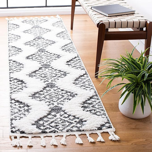 Safavieh Moroccan Tassel Shag Collection Runner Rug - 2'3" x 6', Grey & Ivory, Moroccan Design, Ideal for High Traffic Areas in Entryway, Kitchen & Bathroom (MTS652H-26)