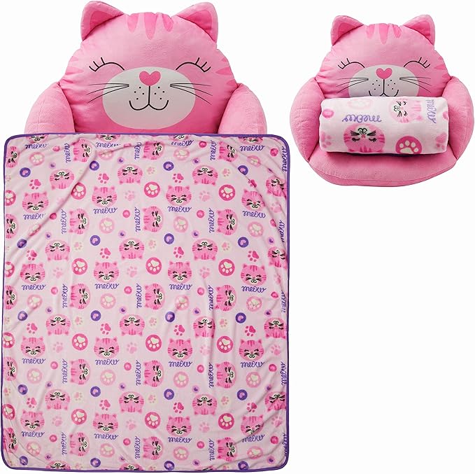 Unicorns & Robots Girls Cat Kids Lounge Pillow with Blanket, Plush Animal Cozy Cushion, Playroom Cozy Cushion & Kitty Room Decor, Ages 3+