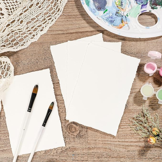 25 Sheets Watercolor Paper, 300 GSM Deckled Edge Paper 4 x 6 inch Rough/Textured Handmade Paper Cotton Paper White Textured Paper for Watercolors, Wedding Invitations, Cards, Crafts