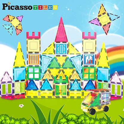 PicassoTiles Magnetic Tiles 101pc Magnet Tile Building Blocks Construction Sensory Toy Set with Storage Carry Case Drawstring Bag STEM Kids Learning Educational Pretend Play Boy Girl Ages 3+ & Up PT06