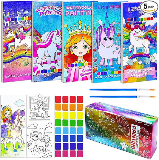 BAOXUE 5PCS Water Color Paint Sets for Kids, Pocket Watercolor Painting coloring Book, Paint With Water Books for Kids Ages 4-8, Art Craft Set for Girls Boys Drawing with Brush
