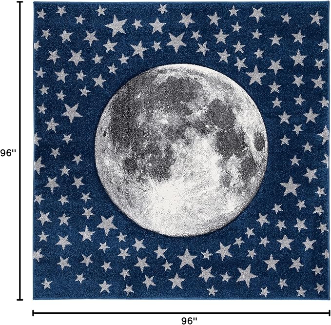 SAFAVIEH Carousel Kids Collection 8' Square Navy/Grey CRK135N Moon & Stars Non-Shedding Playroom Nursery Bedroom Area Rug