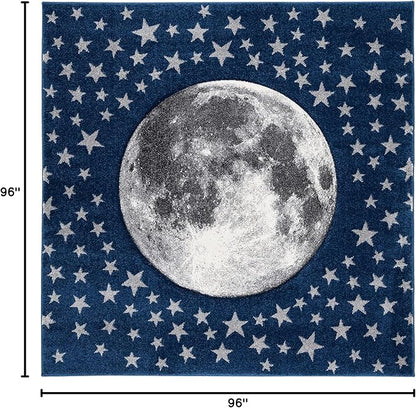 SAFAVIEH Carousel Kids Collection 8' Square Navy/Grey CRK135N Moon & Stars Non-Shedding Playroom Nursery Bedroom Area Rug
