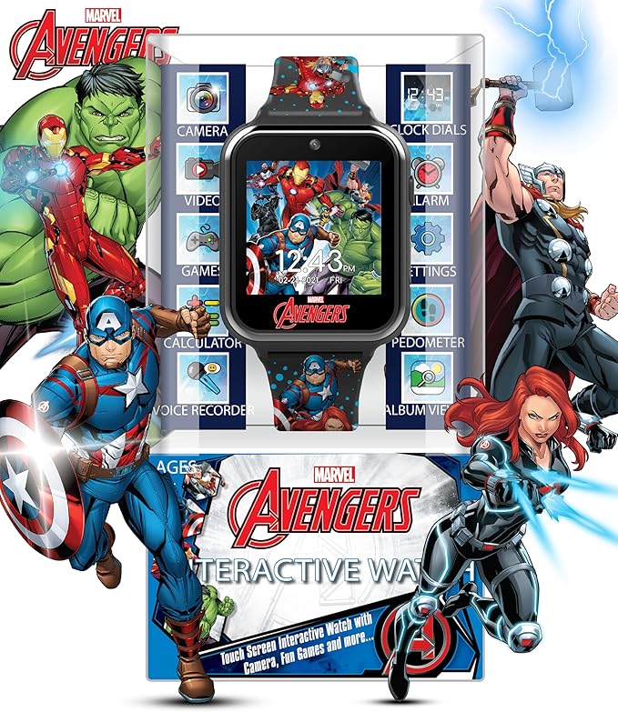 Accutime Kids Marvel Avengers Black Educational Touchscreen Smart Watch Toy for Girls, Boys, Toddlers - Selfie Cam, Learning Games, Alarm, Calculator, Pedometer and more (Model: AVG4597AZ)