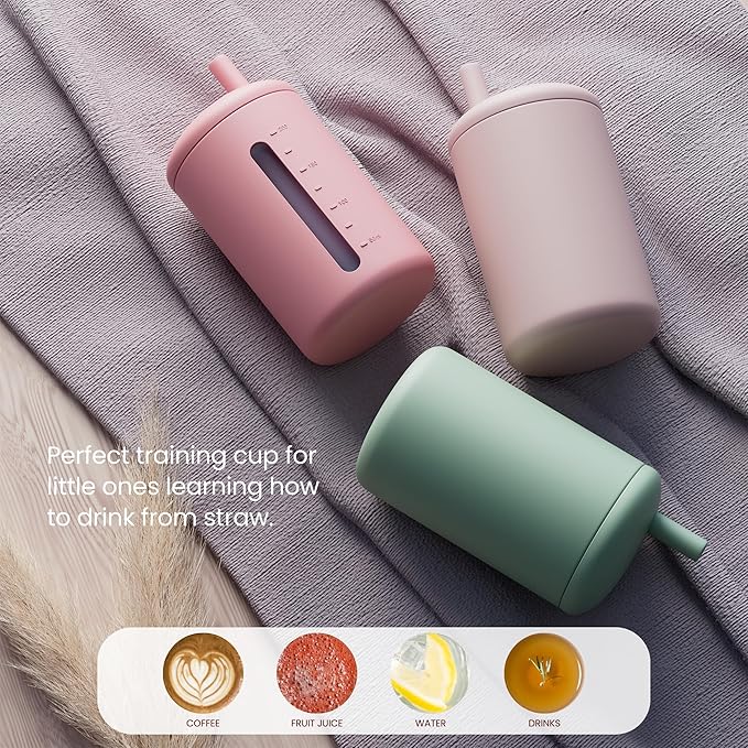 Silicone Straw Cup, 200ml Trainer Cup Toddler Training Straw Cup for Boys and Girls, Unbreakable, 100% Food Grade Silicone (Blush/Mauve)
