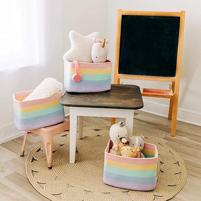 OrganiHaus Set of 3 Pastel Rainbow Baskets - Colorful Woven Storage Baskets for Playroom, Nursery & Classroom Decor, Toy Storage, 15x9x10