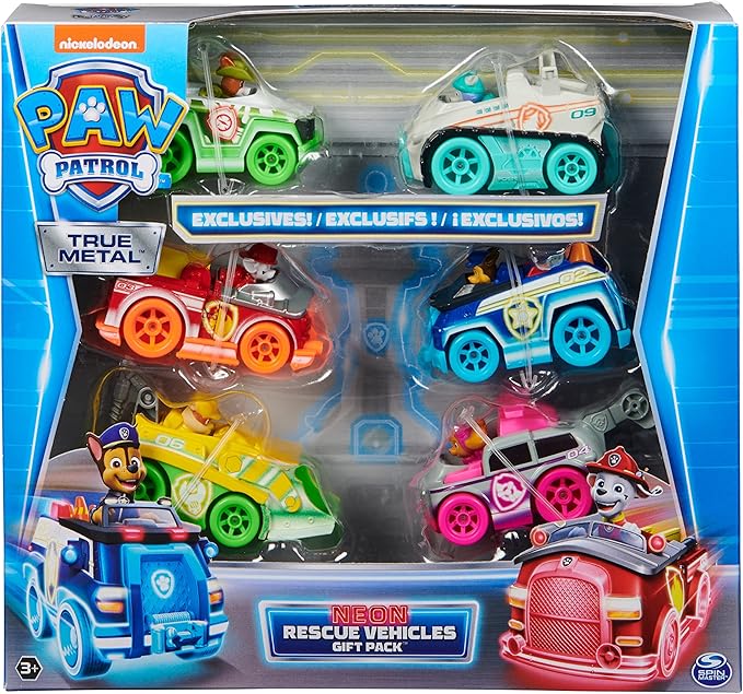 Paw Patrol, True Metal Neon Rescue Vehicle Gift Pack of 6 Collectible Die-Cast Toy Cars, 1:55 Scale, Kids Toys for Boys and Girls Ages 3 and up