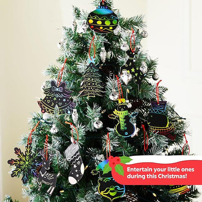 JOYIN 48 Pcs Christmas Scratch Art Ornaments, Scratch Paper Craft Kit Include Snowman, Snowflakes, Christmas Tree, and Reindeer, Rainbow Color Scratch Off Hanging Ornament for Kids Party Favors