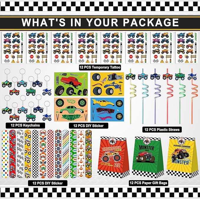 Monster Truck Party Favors Set 72 PCS Truck Theme Slap Bracelets Keychains Tattoo Stickers DIY Stickers Drinking Straws Party Gift Bags for Kids Boys Birthday Party Supplies