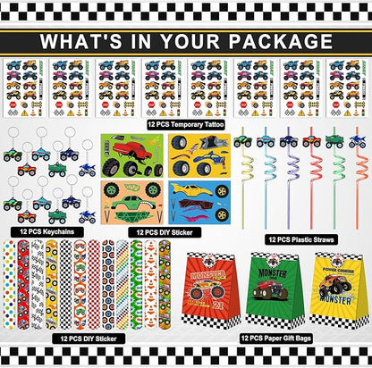 Monster Truck Party Favors Set 72 PCS Truck Theme Slap Bracelets Keychains Tattoo Stickers DIY Stickers Drinking Straws Party Gift Bags for Kids Boys Birthday Party Supplies