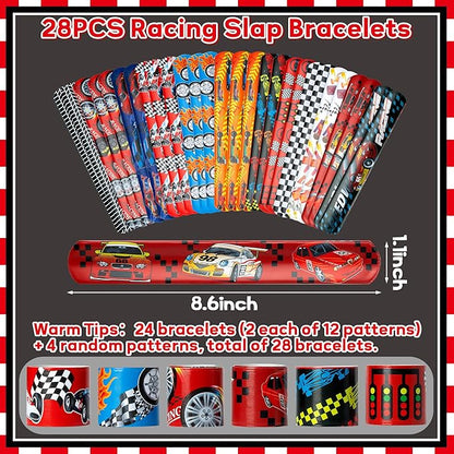 ANGOLIO 28 PCS Valentine's Day Race Cars Slap Bracelet with Gift Cards for School Greeting Gifts Exchange Valentine's Day Race Car Toys Set Classroom Prize Goodies Bag