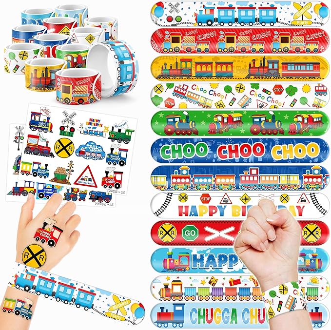 48PCS Train Party Favors - 24PCS Tattoos & 24PCS Slap Bracelets - Train-Themed Birthday Supplies, Decorations, Classroom Prizes, Carnival Rewards, Gifts for Boys & Girls