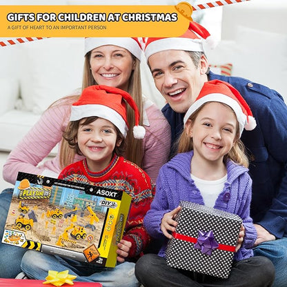 Asoxt Construction Sensory Playset - 43pcs Play Sand Art Kit- 2 lbs Sand,Sandbox,4 DIY Construction Trucks,Crane,Conveyor,8 Sand Molds,6 Figures,12 Road Signs - Ideal Toy for Boys & Girls Ages 3+