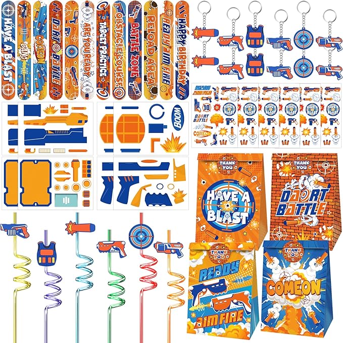 Erweicet Dart Battle Party Favors 72 PCS Gun Slap Bracelets DIY Stickers Temporary Tattoos Keychains Plastic Straws Gift Bags for Kids Boys Birthday Baby Shower Goodie Bag Fillers, Blue,Orange,White