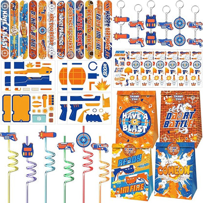 Erweicet Dart Battle Party Favors 72 PCS Gun Slap Bracelets DIY Stickers Temporary Tattoos Keychains Plastic Straws Gift Bags for Kids Boys Birthday Baby Shower Goodie Bag Fillers, Blue,Orange,White
