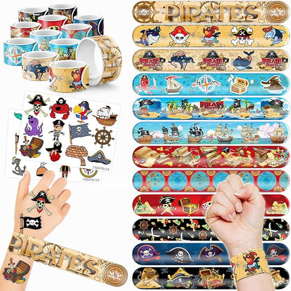 48PCS Pirate Party Favors - 24PCS Tattoos & 24PCS Slap Bracelets - Pirate-Themed Birthday Supplies, Treasure Hunt Decorations, Classroom Prizes, Gifts for Boys & Girls