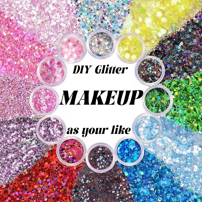 Body Glitter Face Glitter, Hair Glitter for Kids, 12 Shapes Fine Chunky Glitter Gel for Women Girls Makeup Sparkles Party Mermaid Sequins Rave Accessories Festival (White-Gold-Pink-Blue-Purple-Red)