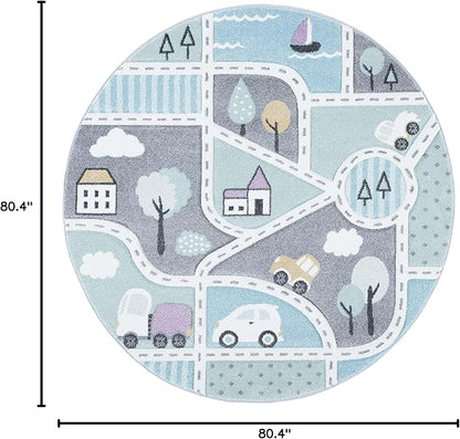 SAFAVIEH Carousel Kids Collection 6'7" Round Grey/Light Blue CRK193F Neighborhood Non-Shedding Nursery Playroom Area Rug
