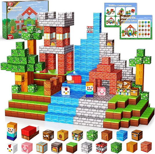 Magnetic Blocks-100PCS Grassland Magnetic Building Blocks Set, Kids Classroom Sensory Toy for Toddlers STEM Learning, Construction Stacking Toy for Kids 3+ Boys and Girls Christmas Birthday Gifts Toys
