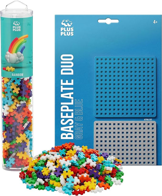 PLUS PLUS 240 Piece Interlocking Building Blocks for Kids, Open Ended Connecting Toys, STEM Bin Mini Manipulatives - Rainbow Mix Play Tube & Baseplate