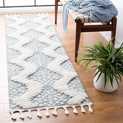 SAFAVIEH Moroccan Tassel Shag Collection Runner Rug - 2'3" x 12', Teal & Ivory, Rustic Trellis, Non-Shedding & Easy Care, 2-inch Thick Ideal for High Traffic Areas in Living Room, Bedroom (MTS652K)