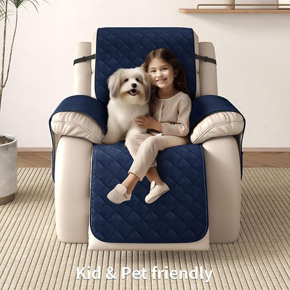 CHUN YI Recliner Chair Cover, Non-Slip Recliner Covers That Stay in Place, Washable Lazy Boy Recliner Covers with Pockets, Water Resistant Recliner Slipcover for Pets (Navy, Large Recliner)