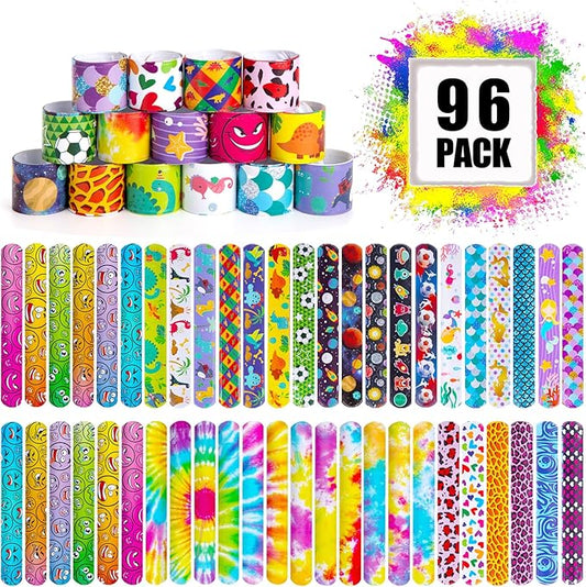 Shindel 96PCS Slap Bracelets Bulk, Kids Slap Wristbands Snap Bracelets Tie Dye Dinosaurs Mermaid Emotions for Party Favors Classroom Prizes Kids Birthday