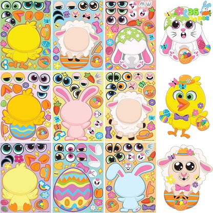 JOYIN 36 PCS Easter Match Make a Face Stickers with Chick Bunny Sheep Egg Pattern, Stickers for Kids, Easter Decorations for Water Bottle, Basket Stuffers,Classroom Gifts