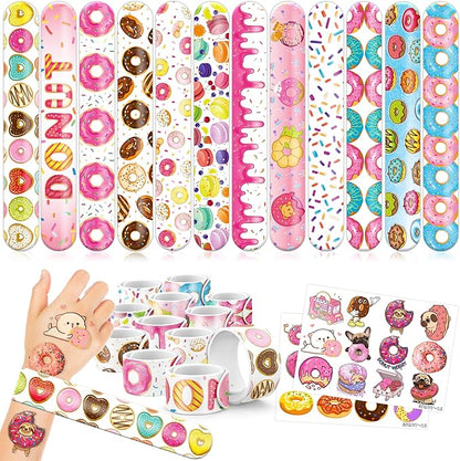 48PCS Donut Party Favors - 24PCS Tattoos & 24PCS Slap Bracelets - Birthday Supplies, Decorations, Gifts, Classroom Prizes, Carnival Rewards, Christmas Treats for Boys & Girls