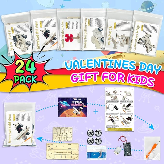 LINAYE Valentines Cards for Kids Classroom with Stem Kits, 24 Packs Valentines Day Gifts for Kids Class, Valentines Day Exchange Gifts for Boys Classroom Class, Valentines Party Favors for Kids Classroom School