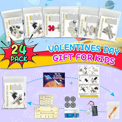 LINAYE Valentines Cards for Kids Classroom with Stem Kits, 24 Packs Valentines Day Gifts for Kids Class, Valentines Day Exchange Gifts for Boys Classroom Class, Valentines Party Favors for Kids Classroom School