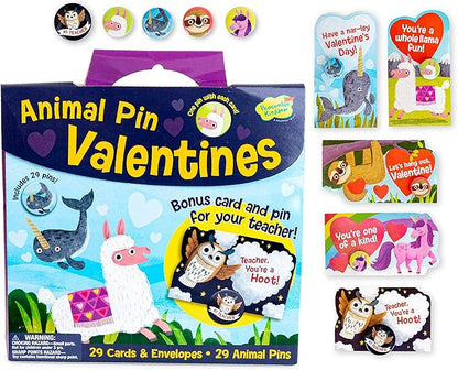 Peaceable Kingdom Valentines Cards for Kids Classroom, Set of 28 Valentines Day Gifts - Animal Pins