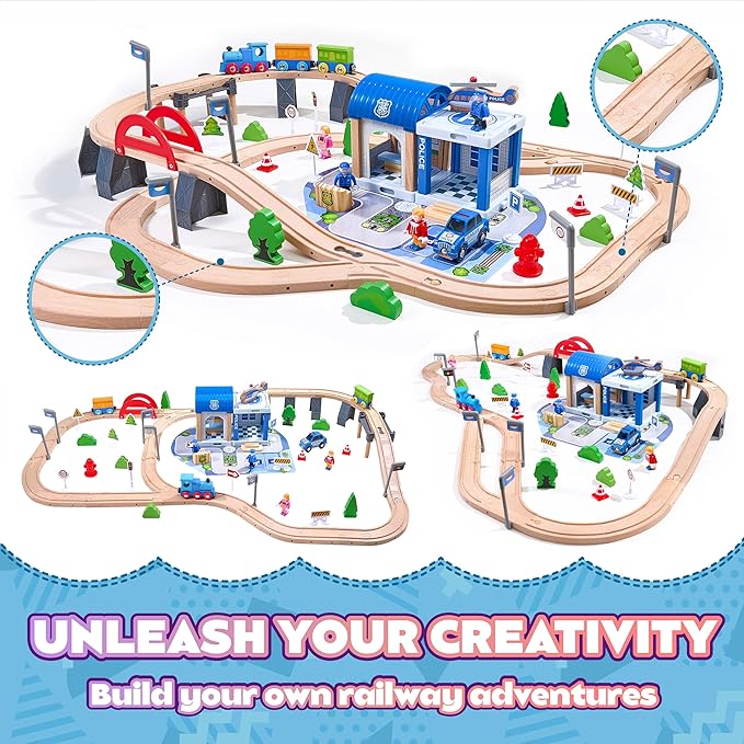 102Pcs Wooden Train Set for Toddlers, Wooden Train Track - Expandable and Changeable, Safe Educational Train Toys Gift for Boys & Girls Kids Ages 3-5 4-8, Compatible with All Major Brands