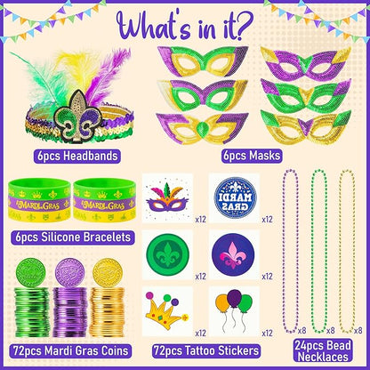 WATINC 186pcs Mardi Gras Party Favors Set, Mardi Gras Masks Headbands Coins Tattoo Stickers Silicone Bracelets Necklaces Beads Assorted for Masquerade Parade Carnival Costume Party Decorations