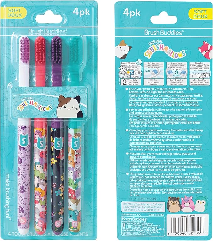 Brush Buddies Squishmallows Assorted Manual Toothbrushes, Soft Toothbrushes, Toothbrushes for Kids and Adults, 4PK