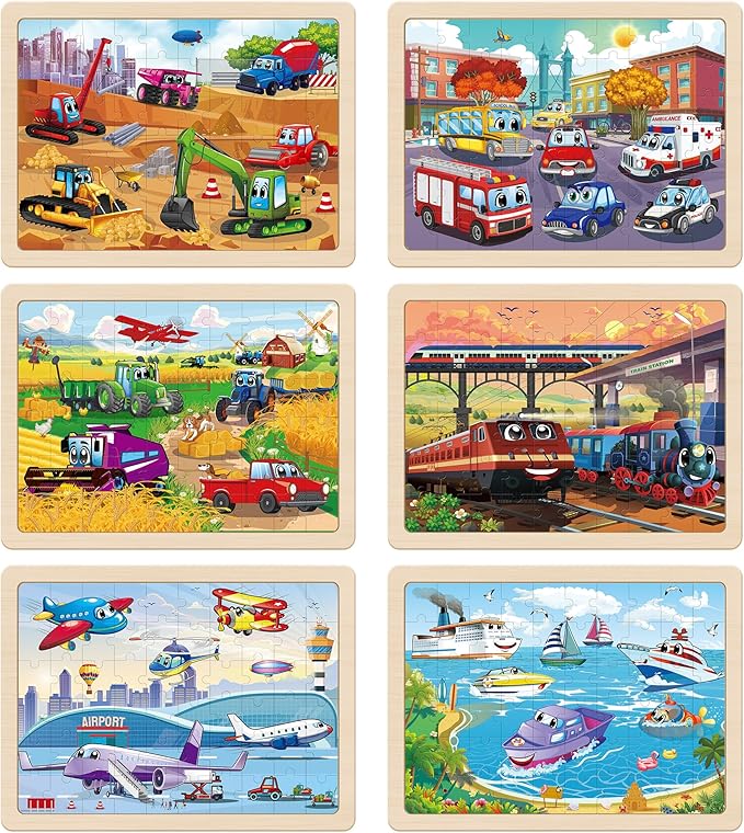 SYNARRY Wooden Vehicle Puzzles for Kids Ages 4-6, 6 Packs 60 PCs Jigsaw Puzzles Preschool Educational Toys Gifts for Children Ages 4-8, Kids Puzzles for 4+ Year Olds Boys Girls, Wood Puzzles Ages 3-10
