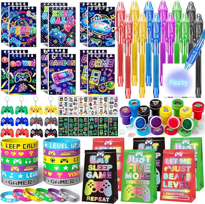 Video Game Party Favors Gamer Birthday Supplies Kids Notebook Bags Invisible Ink Pen Silicone Bracelet Stamp Keychain Tattoo Sticker Gaming Game on Party Favors Goodies Bag Stuffer Decorations