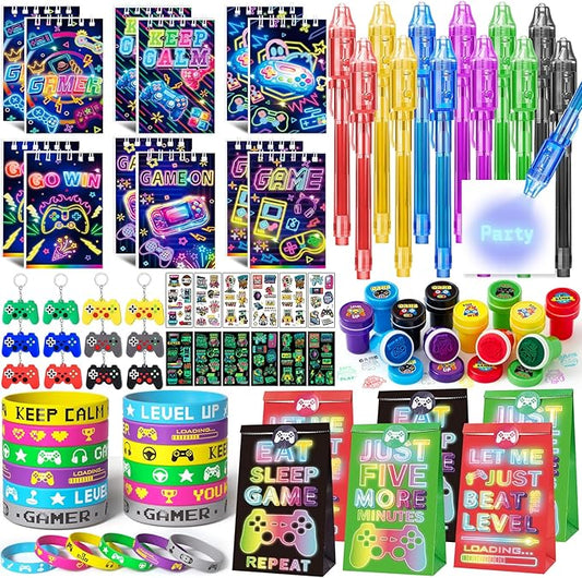 Video Game Party Favors Gamer Birthday Supplies Kids Notebook Bags Invisible Ink Pen Silicone Bracelet Stamp Keychain Tattoo Sticker Gaming Game on Party Favors Goodies Bag Stuffer Decorations