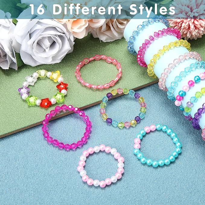 Junkin 16 Pieces Kids Bracelet for Girls Princess Bracelet Cute Rainbow Bead Bracelets Little Girls Jewelry for Birthday Party Favors Valentine's Day Exchange Gifts