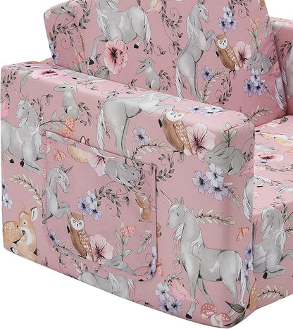 Ulax furniture Kids Convertible Sofas Children Flip-Out Sofa - 2-in-1 to Lounge Chair (Pink Unicorn)