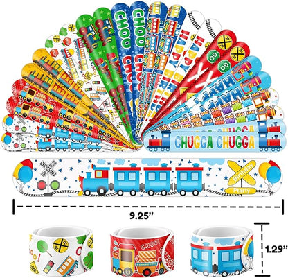 48PCS Train Party Favors - 24PCS Tattoos & 24PCS Slap Bracelets - Train-Themed Birthday Supplies, Decorations, Classroom Prizes, Carnival Rewards, Gifts for Boys & Girls