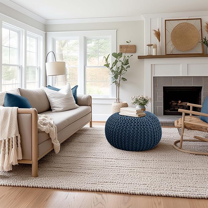 COTTON CRAFT - Hand Knitted Cable Style Dori Pouf - Blue - Floor Ottoman - Cotton Braid Cord - Handmade & Hand Stitched - Truly one of a Kind Seating - 20 Dia x 14 High