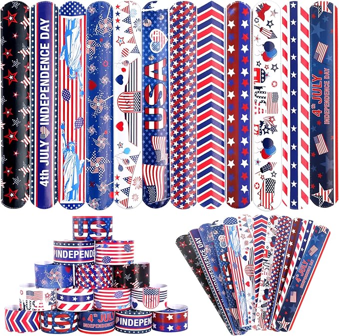 MGparty 48pcs 4th of July Slap Bracelets Toys for Kids 4th of July Party Favors Supplies Patriotic Accessories Decorations