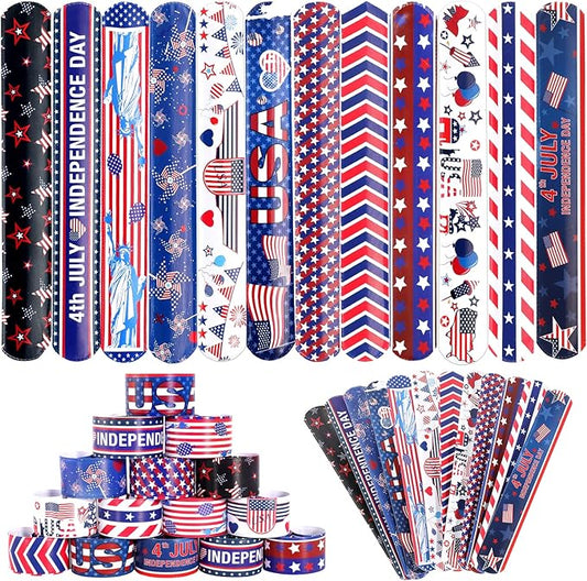 MGparty 48pcs 4th of July Slap Bracelets Toys for Kids 4th of July Party Favors Supplies Patriotic Accessories Decorations