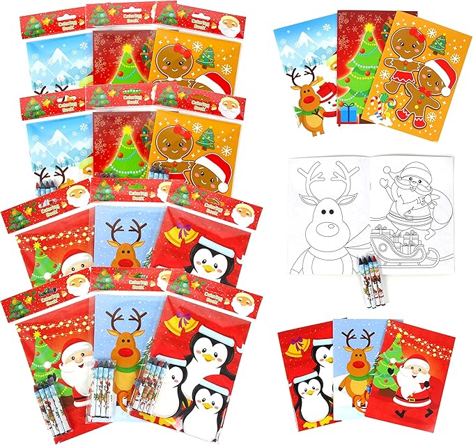 TINYMILLS Christmas Holidays Coloring Book Crayon Set for Kids Party Favors with 12 Coloring Books and 48 Crayons for Christmas Goody Bag Stuffers For Kids Holiday Party Gift Rewards Carnival Prizes